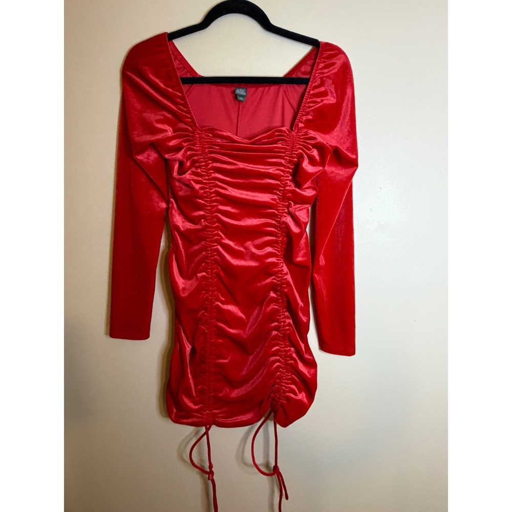 Wild Fable Womens Red Velvet Ruched Mini Dress Long Sleeve Bodycon Medium